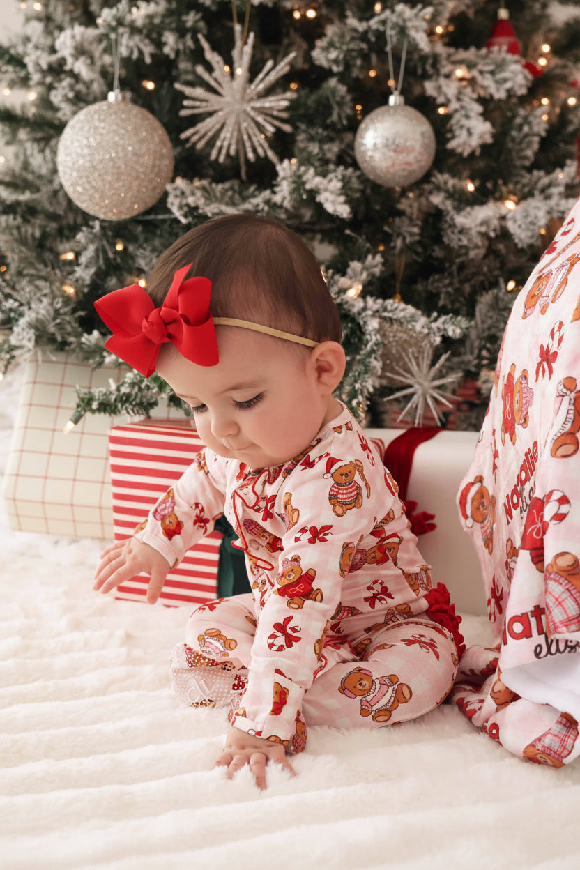 ruffle footie with teddy bears dressed in christmas sweaters and candy canes 