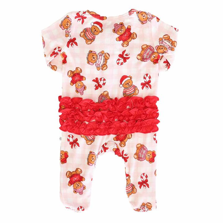 ruffle bottom zipper footie for girls pink gingham with teddy bears dressed in christmas sweaters with candy canes 