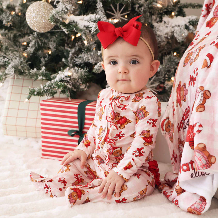 pink gingham teddy bear christmas footie for girls 