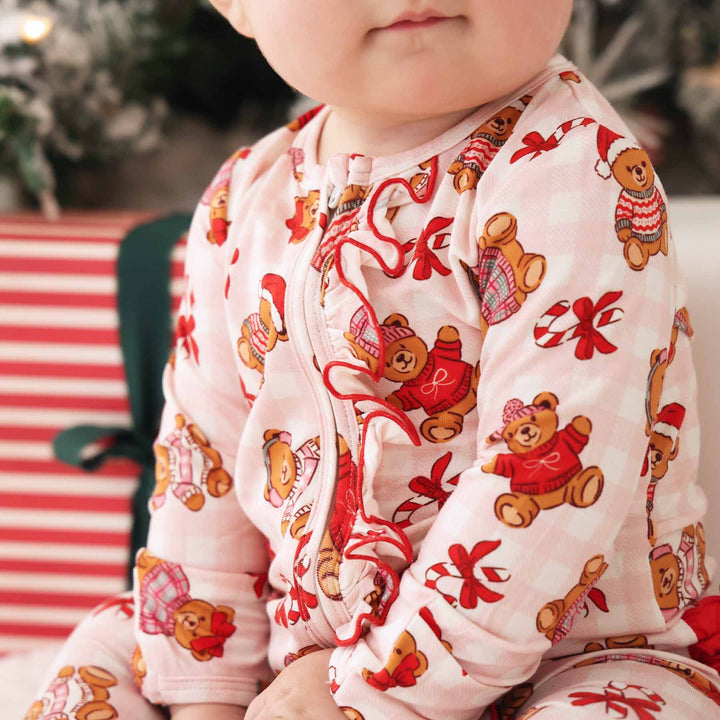 pink gingham christmas teddy bear ruffle zipper footie for girls 