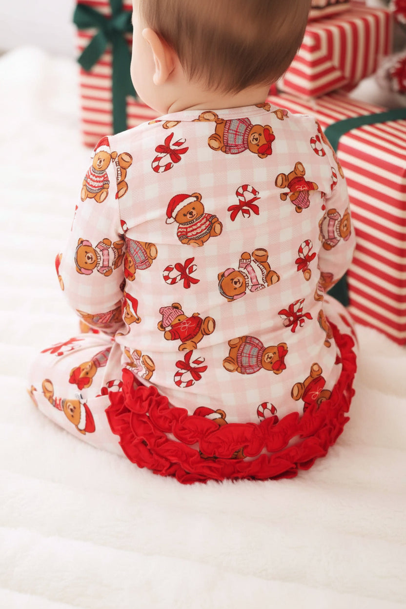 Christmas Ruffle Bamboo Zipper Footie | Beary Christmas Pink