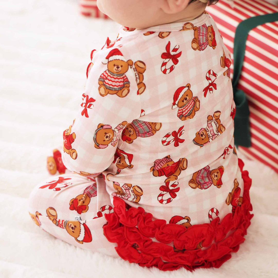 ruffle bottom zipper footie pink beary christmas 