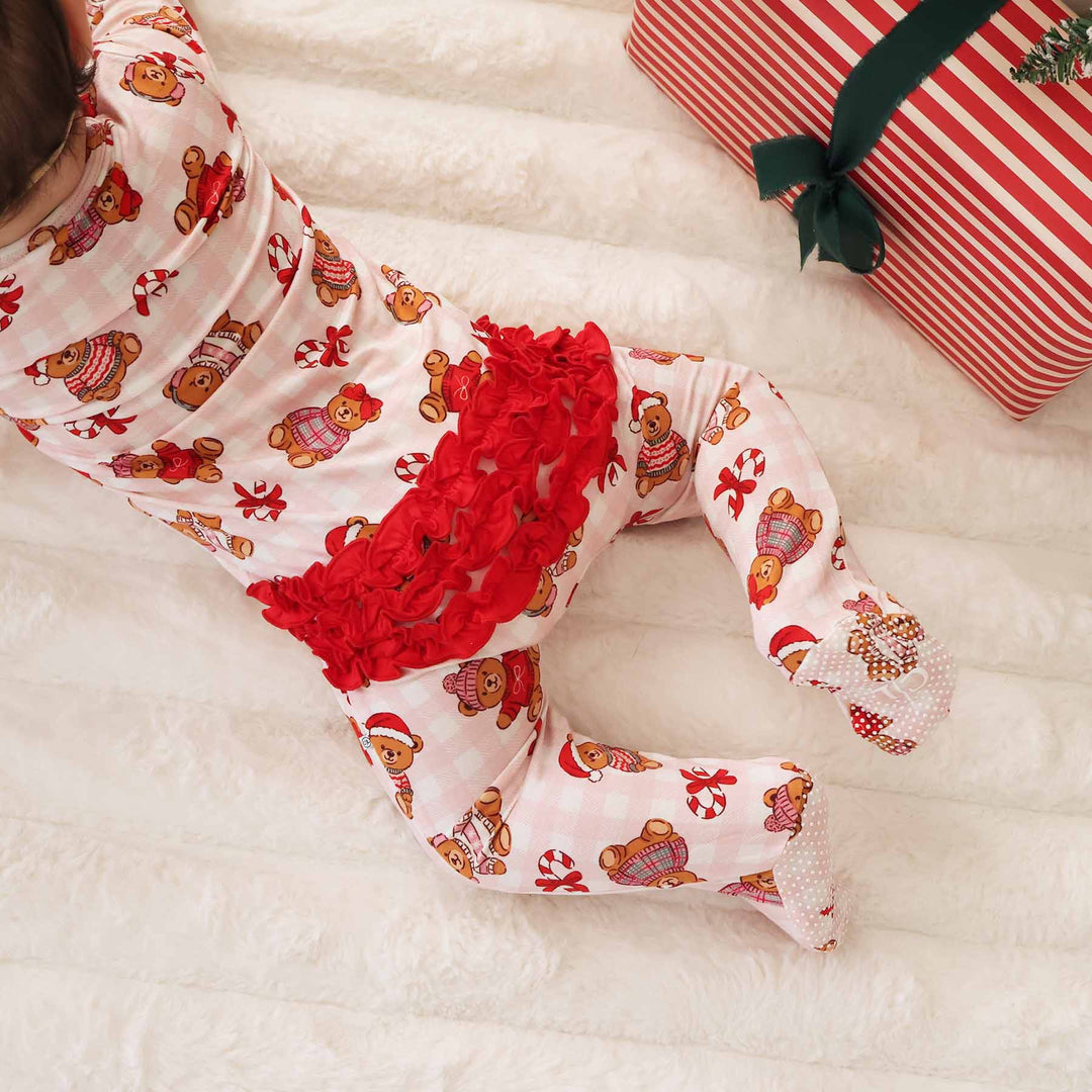 pink beary christmas ruffle zipper footie for newborns and babies 