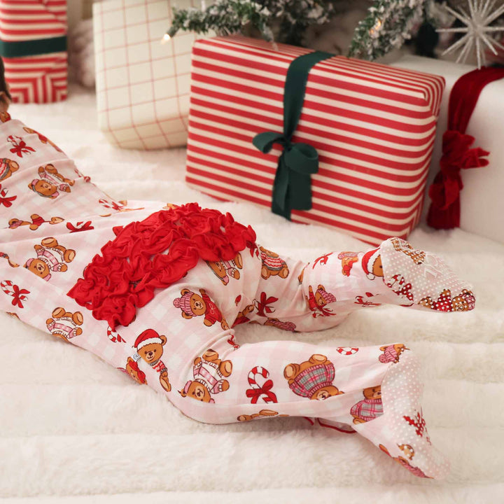 pink beary christmas ruffle bottom zipper footie 