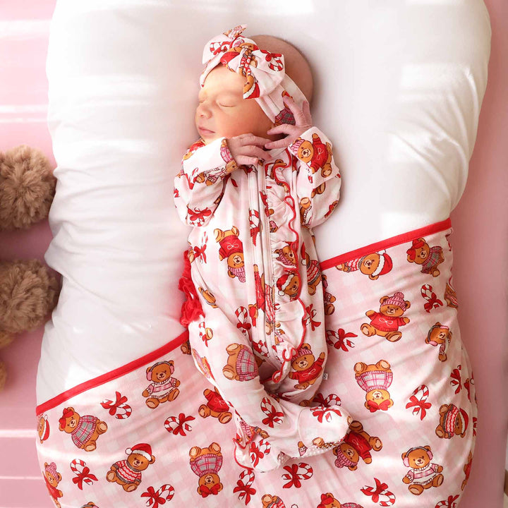 pink beary christmas ruffle zipper footie for girls 