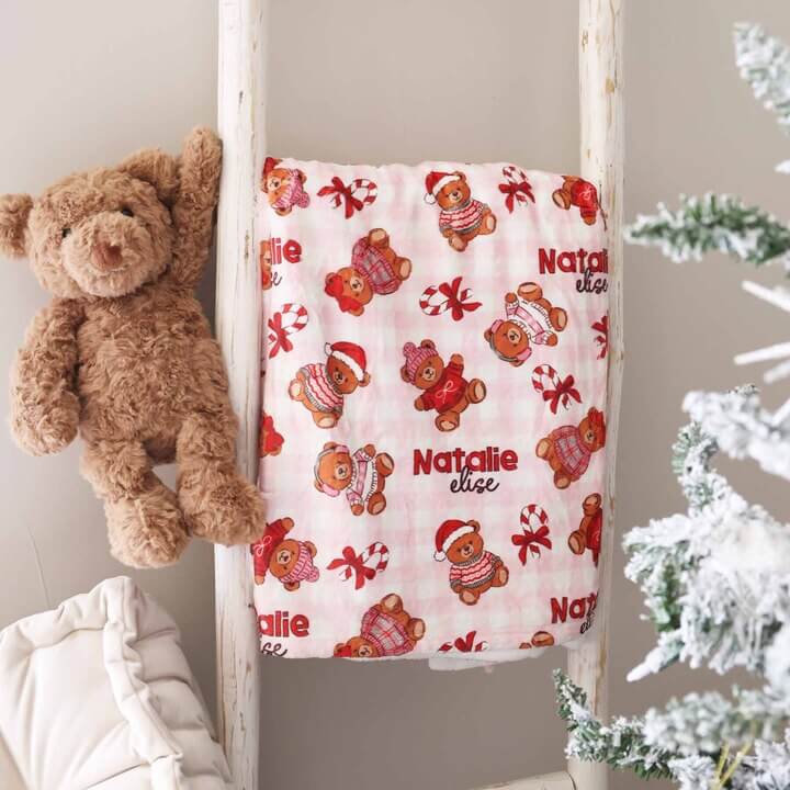 Beary Christmas Personalized Kids Blanket | Pink