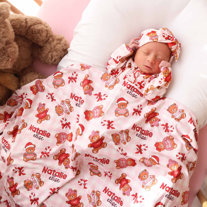 pink gingham girl teddy bear personalized swaddle blanket for girls 