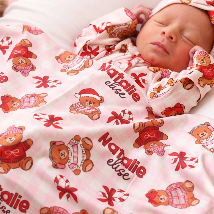 pink beary christmas personalized swaddle blanket for newborn girls 