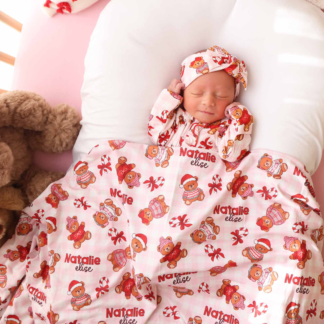 beary christmas pink personalized swaddle blanket for girls 