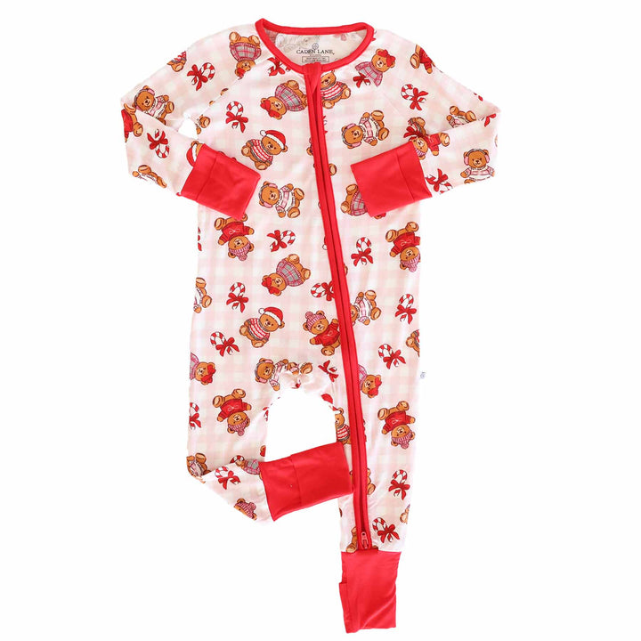 candy cane and christmas teddy bear pink gingham convertible zip romper pajama for baby and toddler girls 