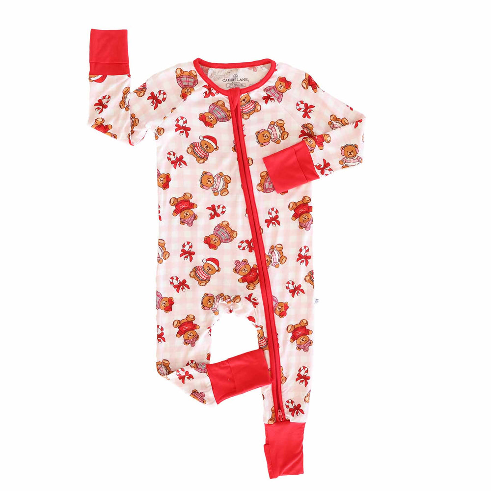 pink gingham teddy bear christmas pajama romper for girls 