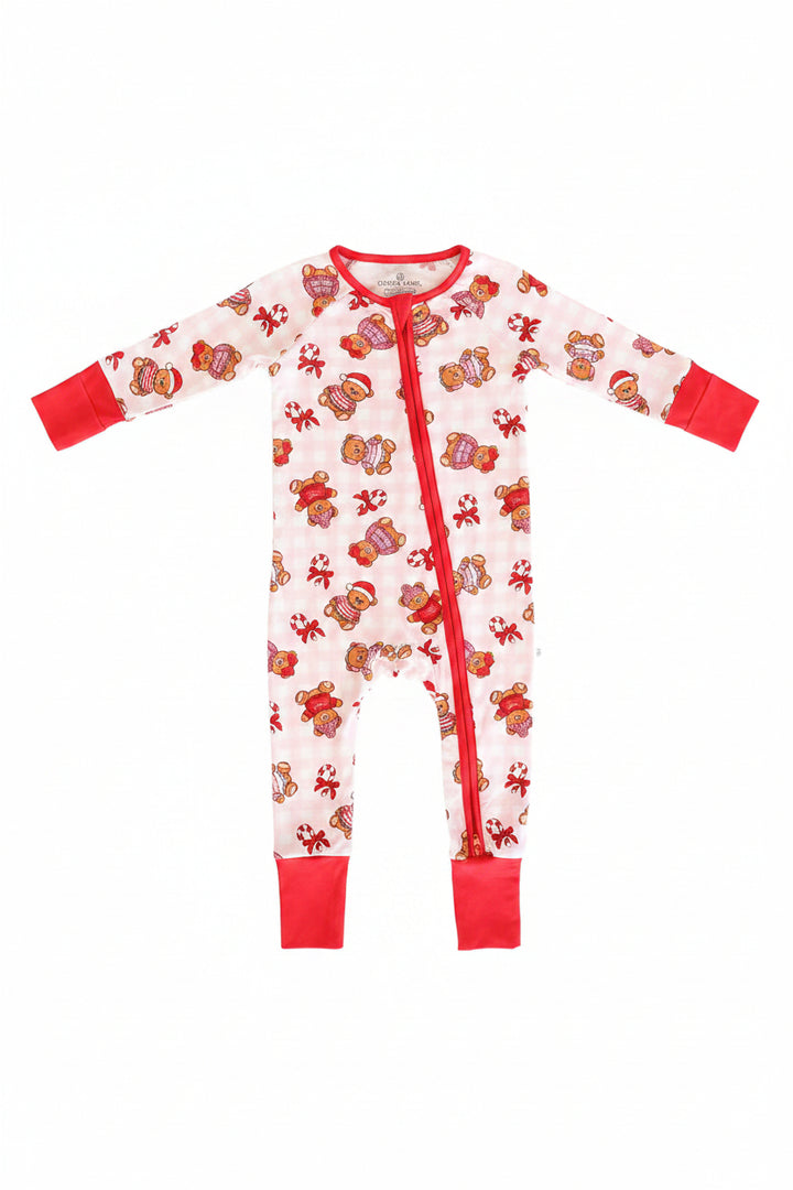 pink gingham teddy bear christmas pajama romper for girls 