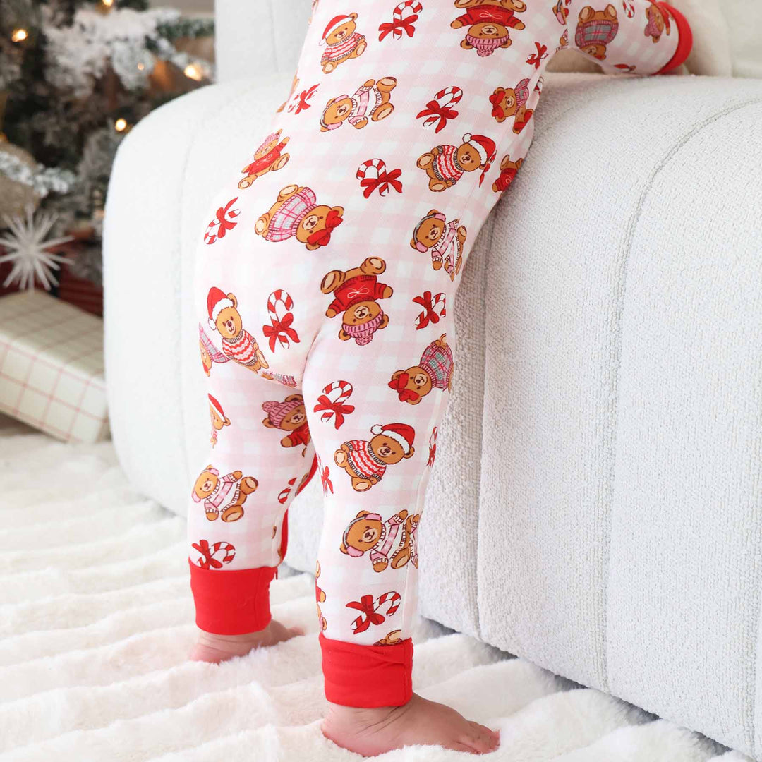 pink gingham christmas teddy bear pajama romper for babies 