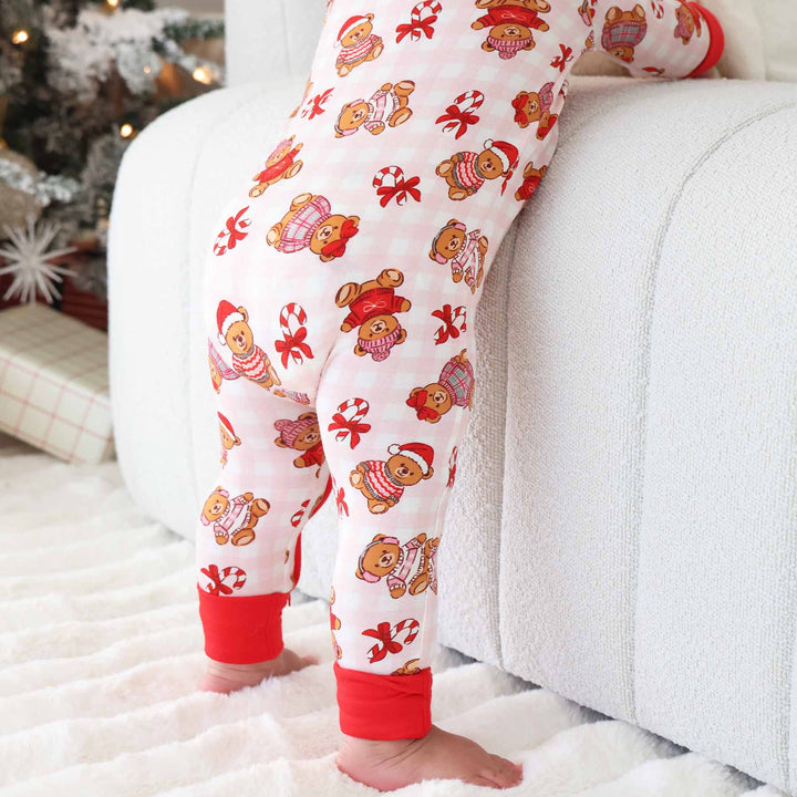 pink gingham christmas teddy bear pajama romper for babies 