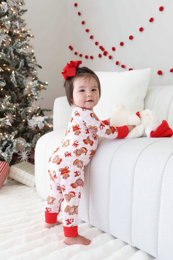 beary christmas pink convertible zip romper for girls 
