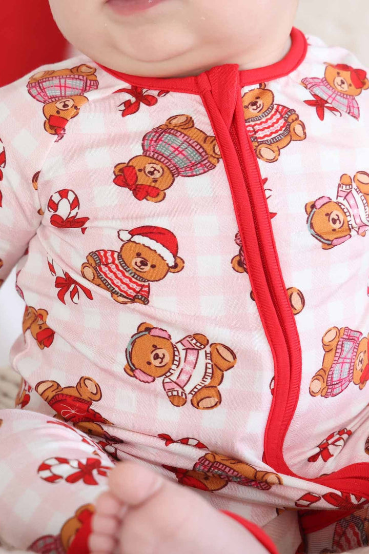 Christmas Convertible Bamboo Zip Romper | Beary Christmas Pink