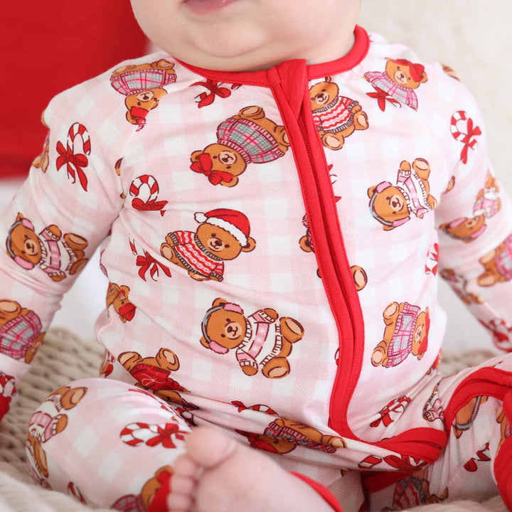 christmas teddy bear bamboo viscose convertible zip romper pajama for babies and toddlers with flip mitts and footies 