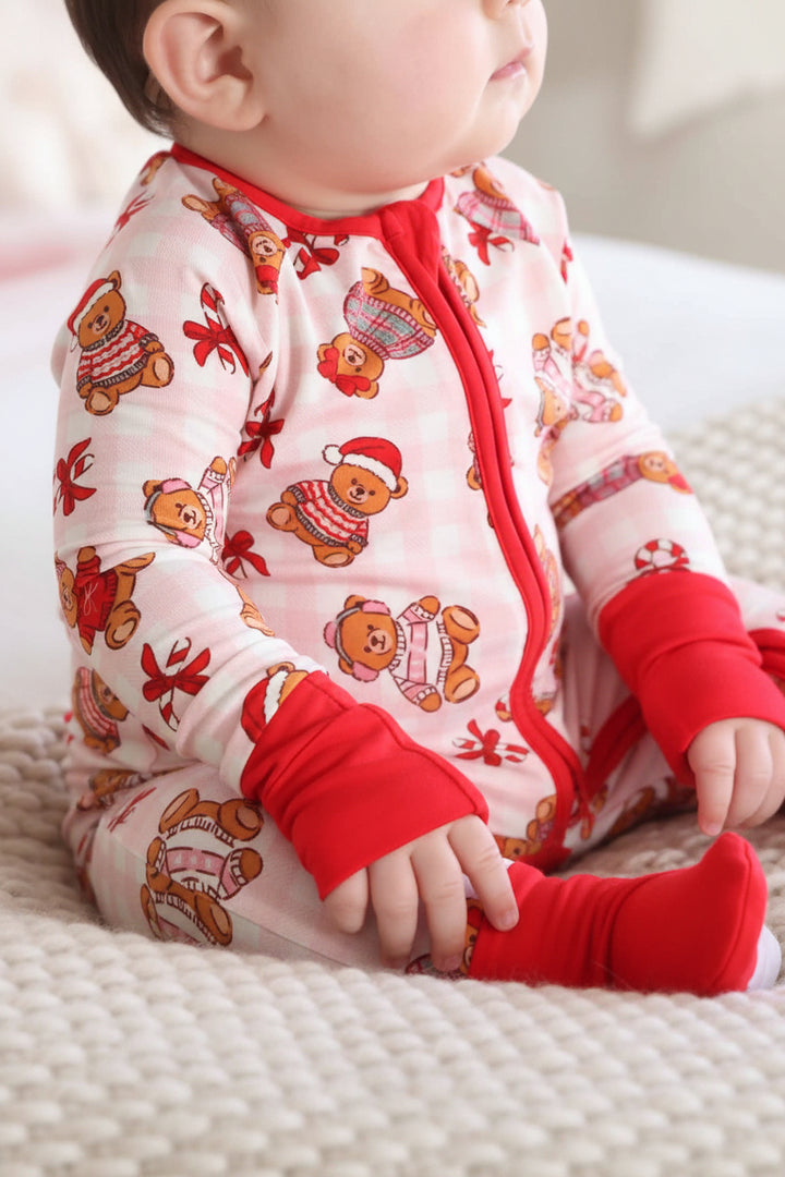 christmas convertible zip romper pajama for girls with teddy bears in christmas sweaters with santa hats, beanies and ear muffs