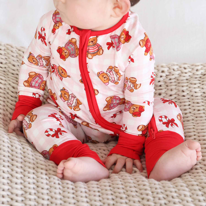 christmas sweater teddy bear gingham zip romper pajama for christmas 