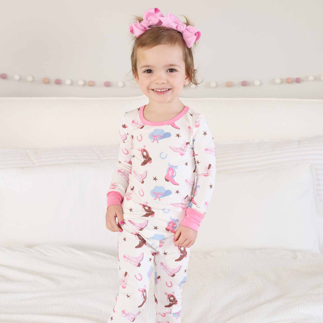 pink cowgirl two piece pajama set for kids 