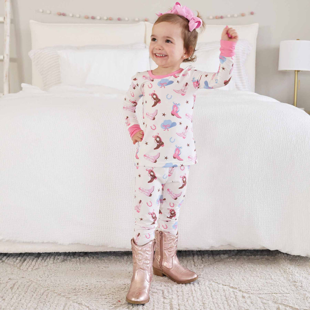 pink boot scootin two piece pajama set for kids 