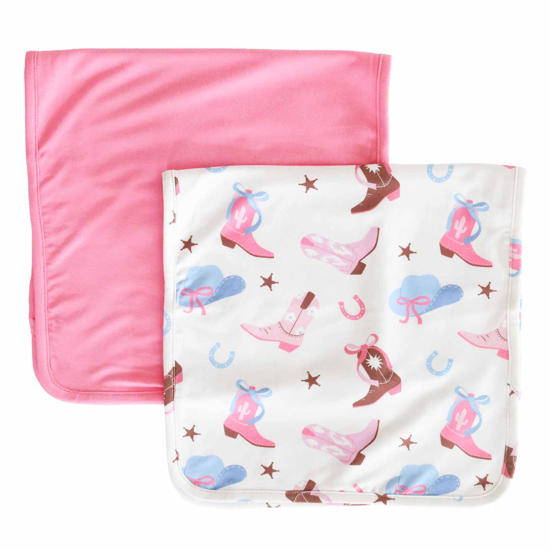 pink and blue cowgirl burp cloth set for babies 