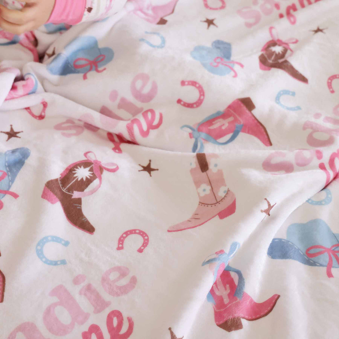 kids personalized blanket pink cowgirl boot