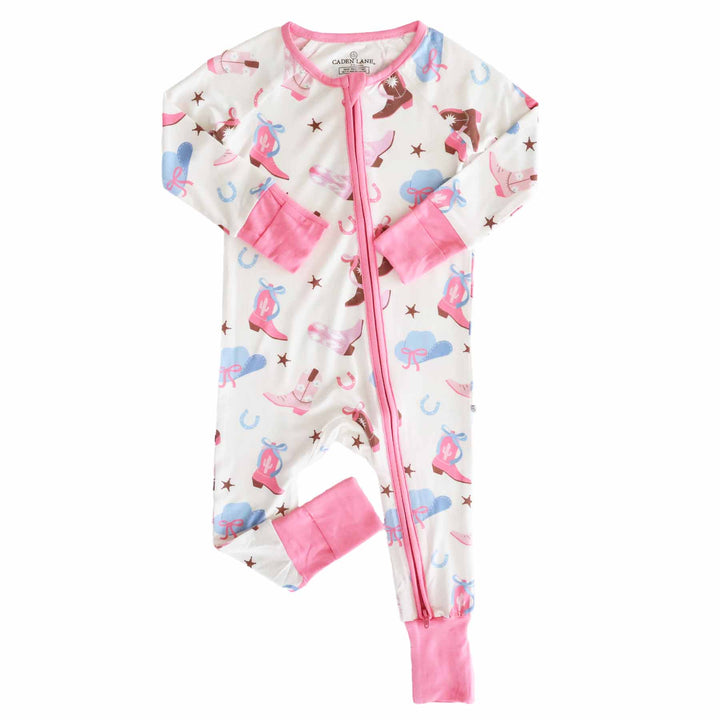 pink convertible zip romper pajama for babies rodeo themed