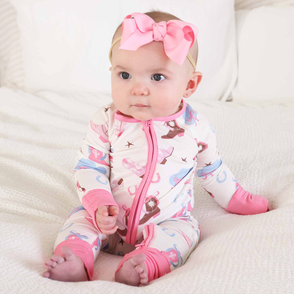 pink boot scootin' baby zip romper pajama 