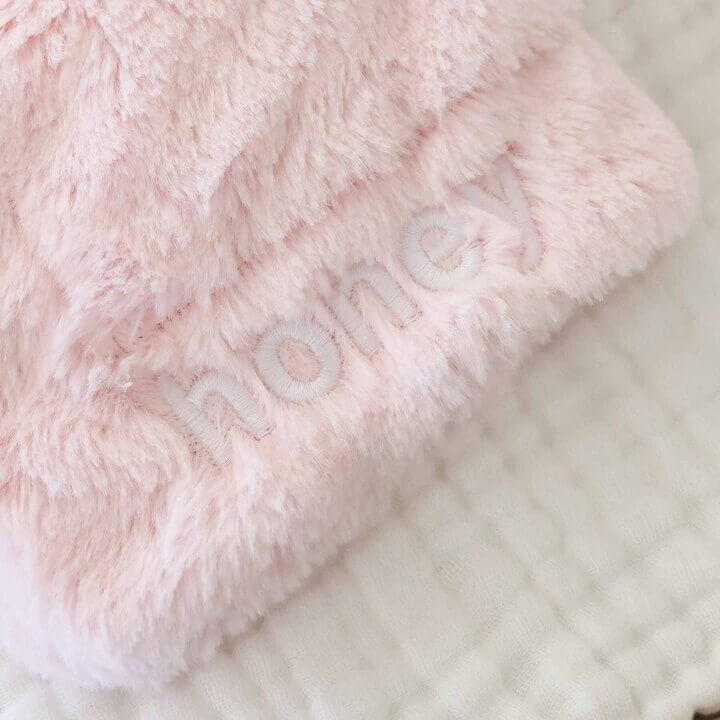 pink script font embroidered animal lovey for babies 