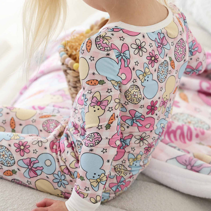 pink easter bunny and egg two piece pajama set for kids 