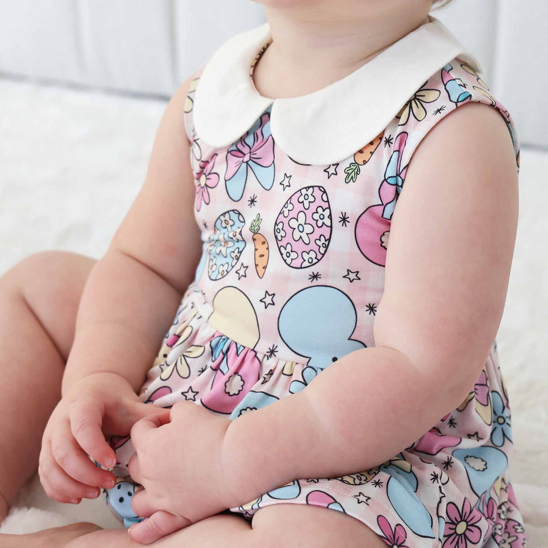 pink bunny and easter egg romper dress for baby girls