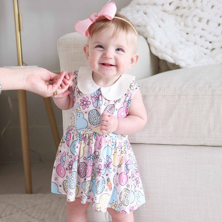 pink easter romper dress with peter pan collar for toddlers