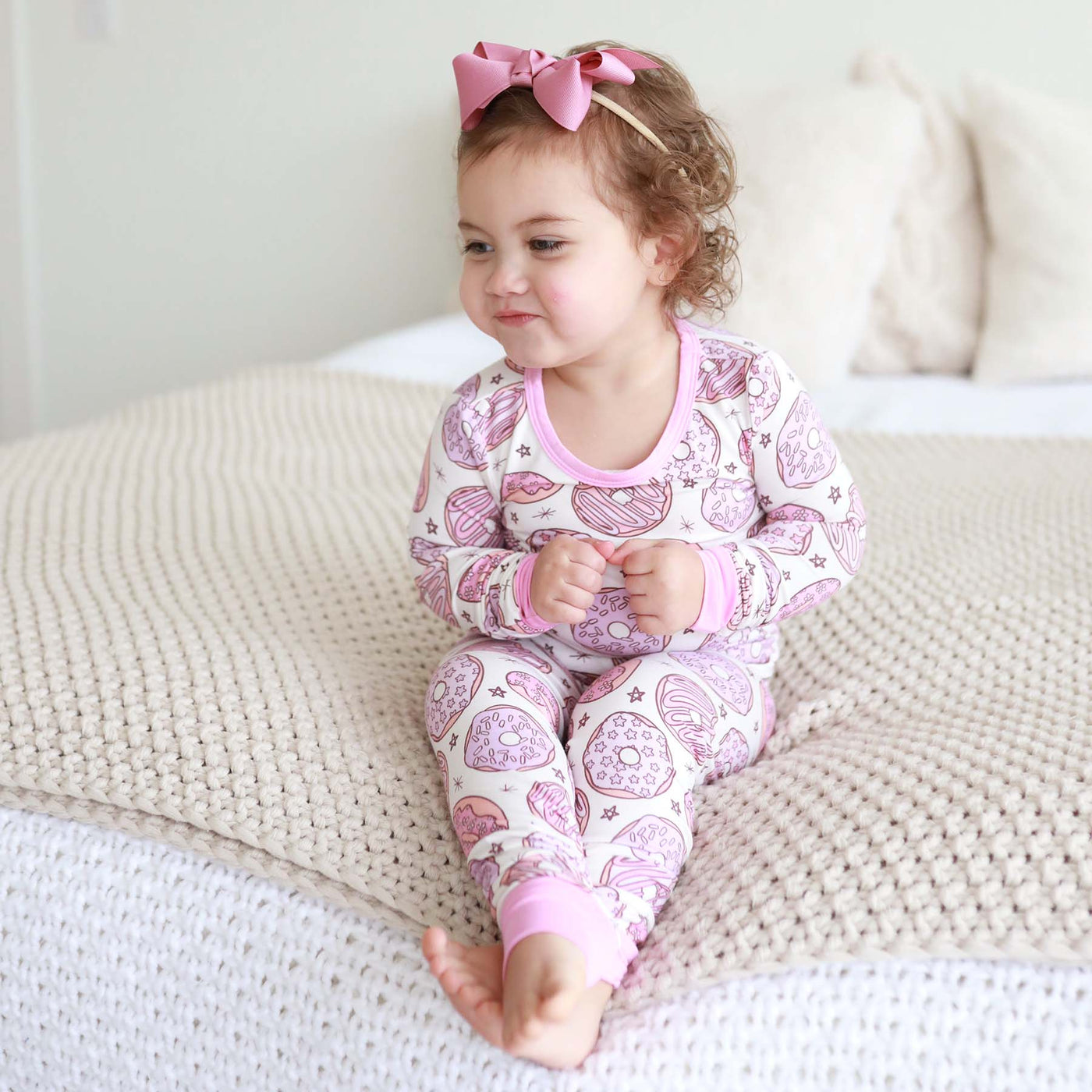 two piece pajama set made of bamboo pink donuts 