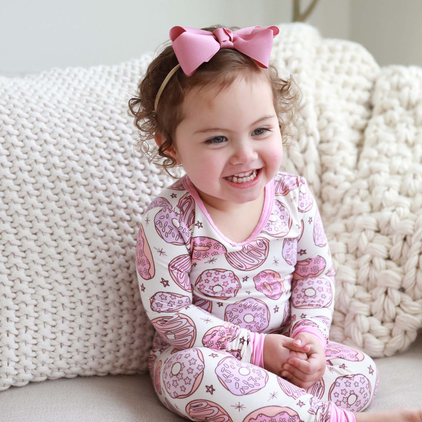 two piece pajama set for kids made of bamboo pink donut print 