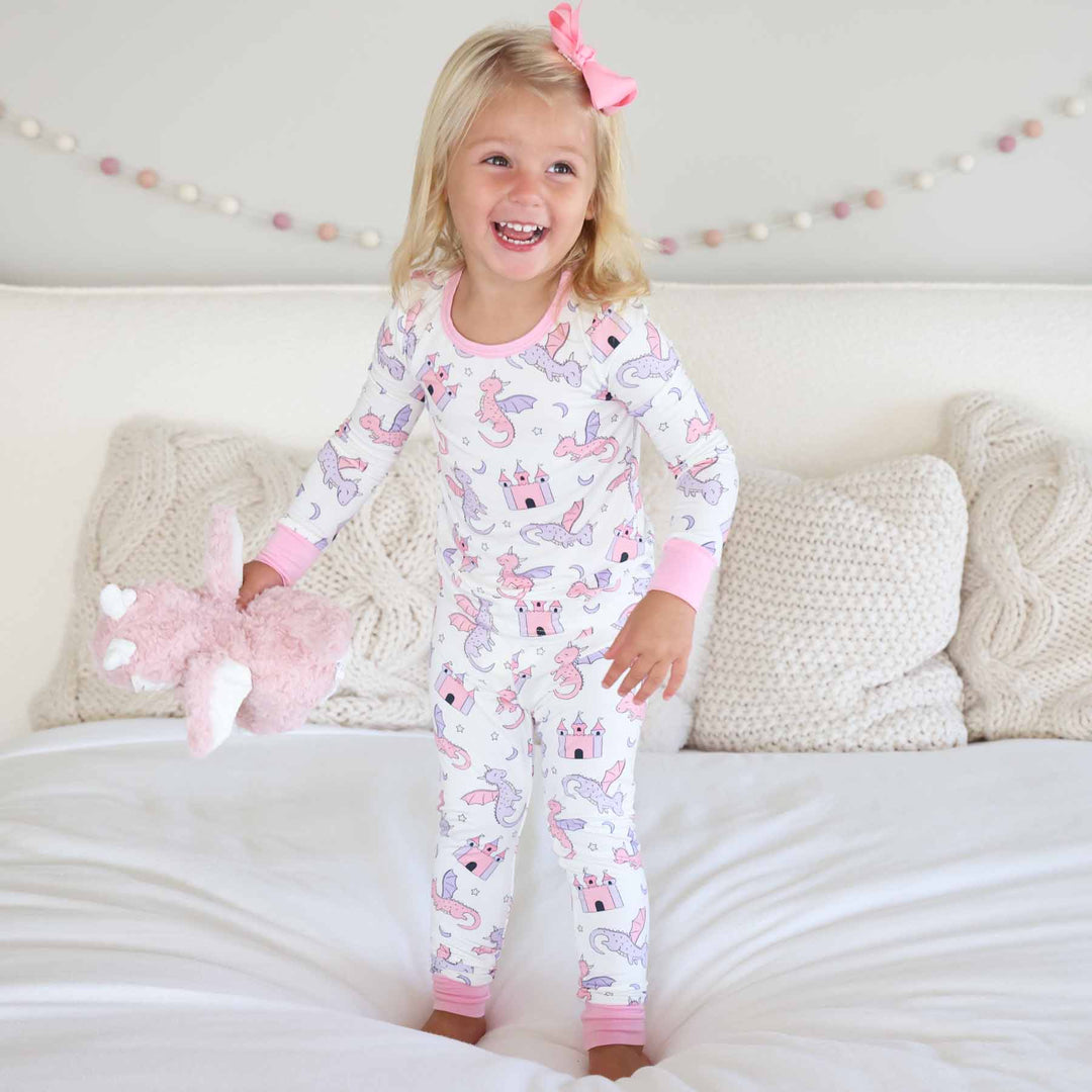 pink dragon adventure bamboo viscose long sleeve two piece pajama set for girls 