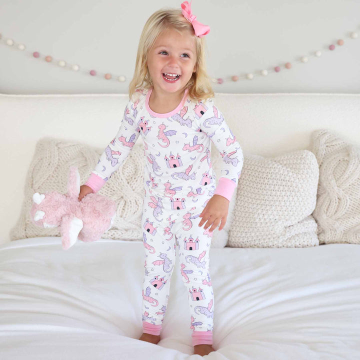 pink dragon adventure bamboo viscose long sleeve two piece pajama set for girls 