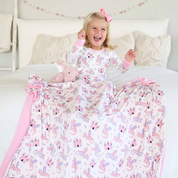 pink and purple dragon and castle double sided bamboo blanket for girls 