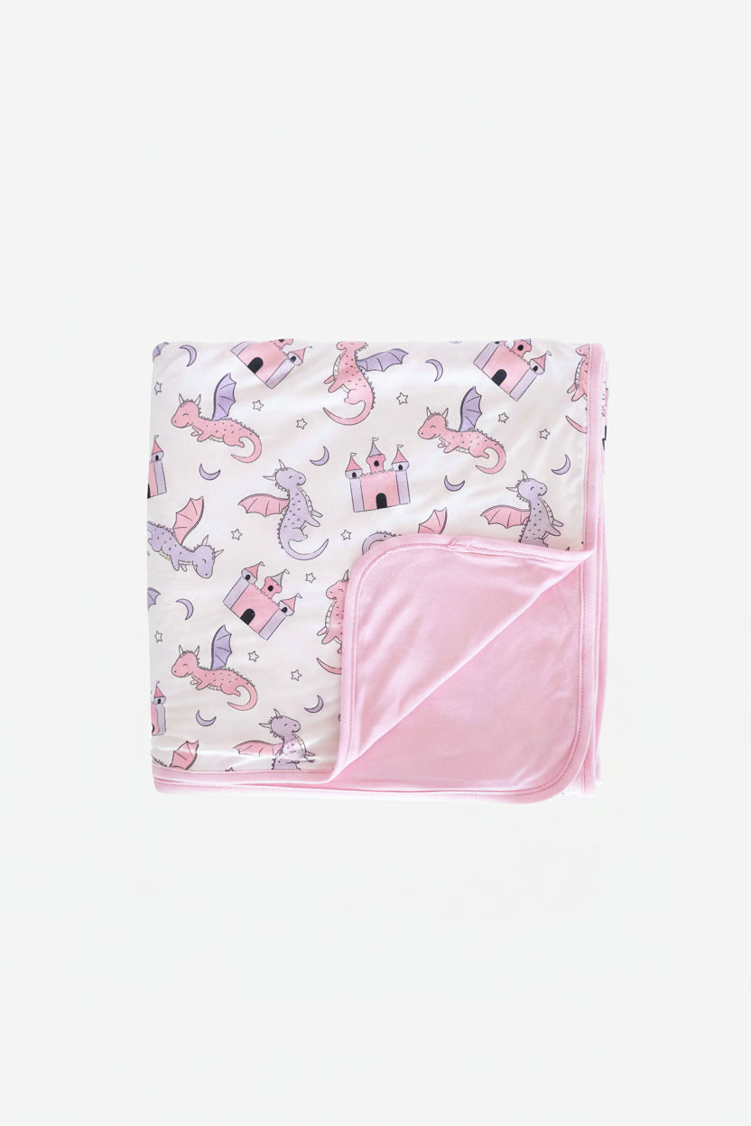 pink and purple dragon and castle themed double sided bamboo blanket for kids 