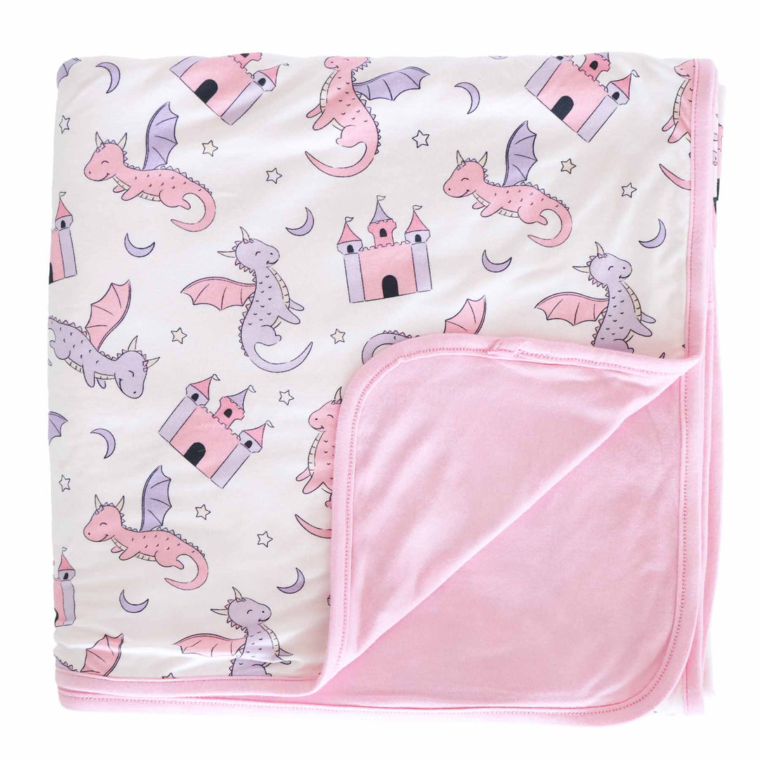 pink and purple dragon and castle themed double sided bamboo blanket for kids 
