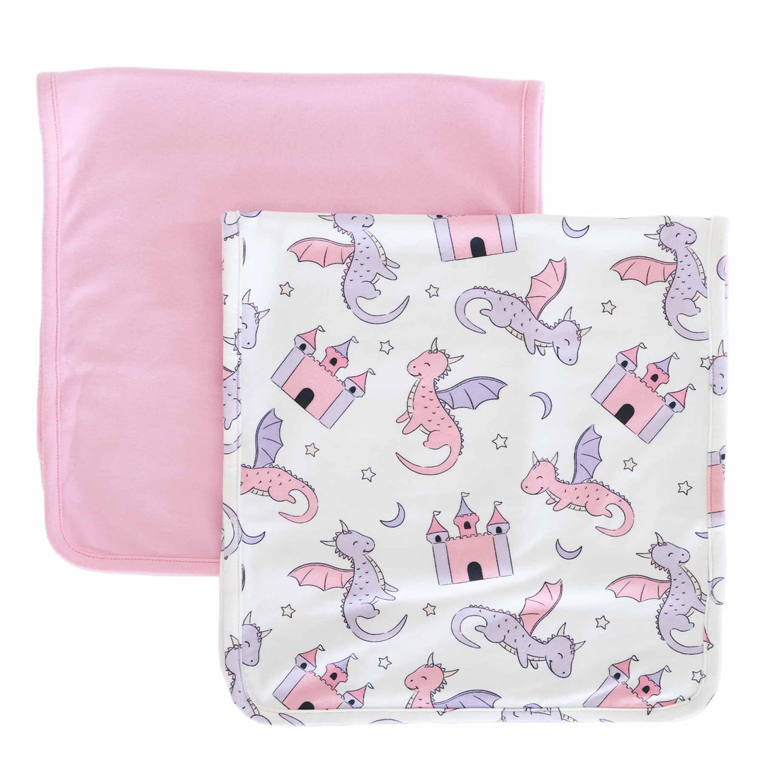 pink and purple dragon and castle two piece burp cloth set for girls 