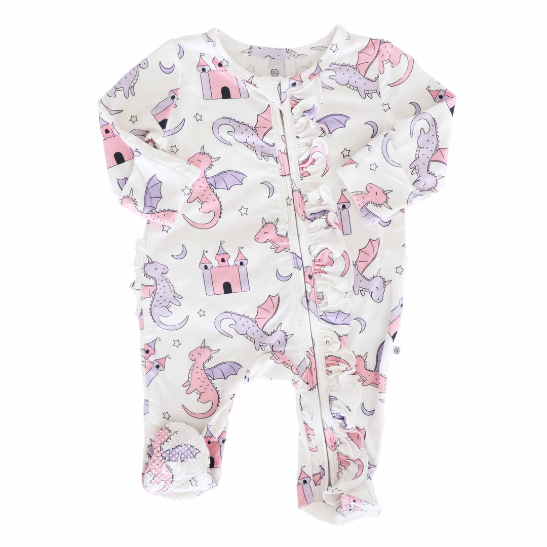 newborn and baby girl ruffle zipper footie with pink and purple castles and dragons 