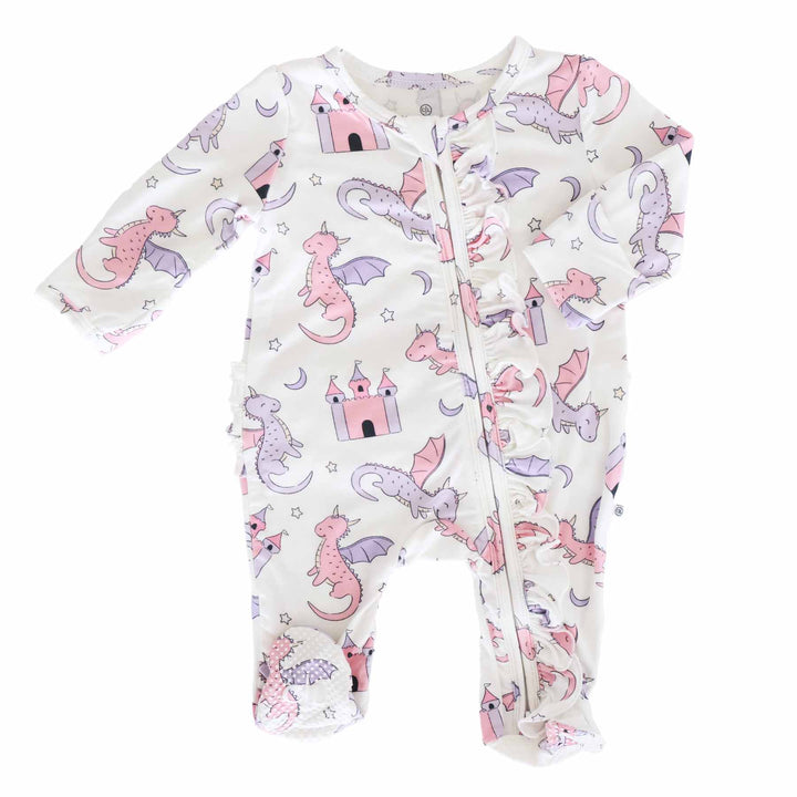 bamboo viscose long sleeve ruffle bottom zipper footie with castles and dragons 