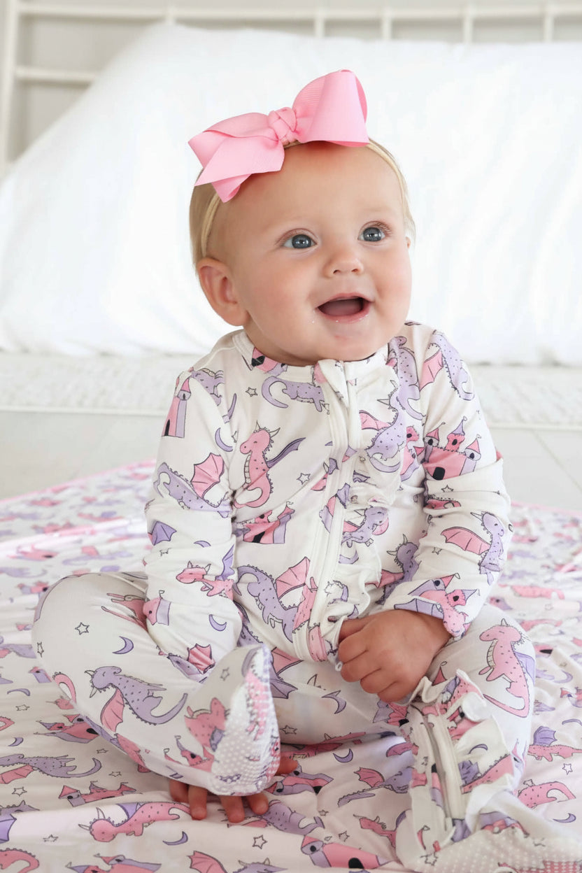 pink dragon adventure long sleeve zipper footie for baby girls 