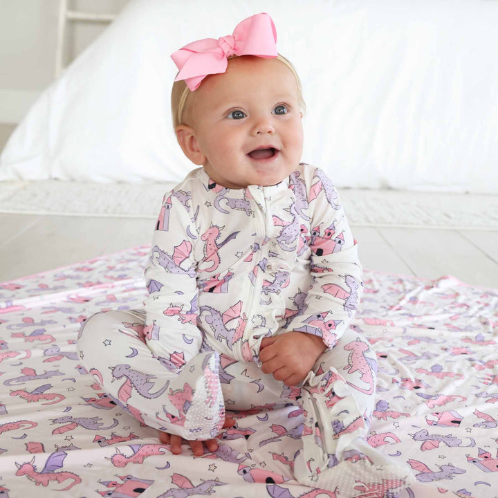 pink dragon adventure long sleeve zipper footie for baby girls 