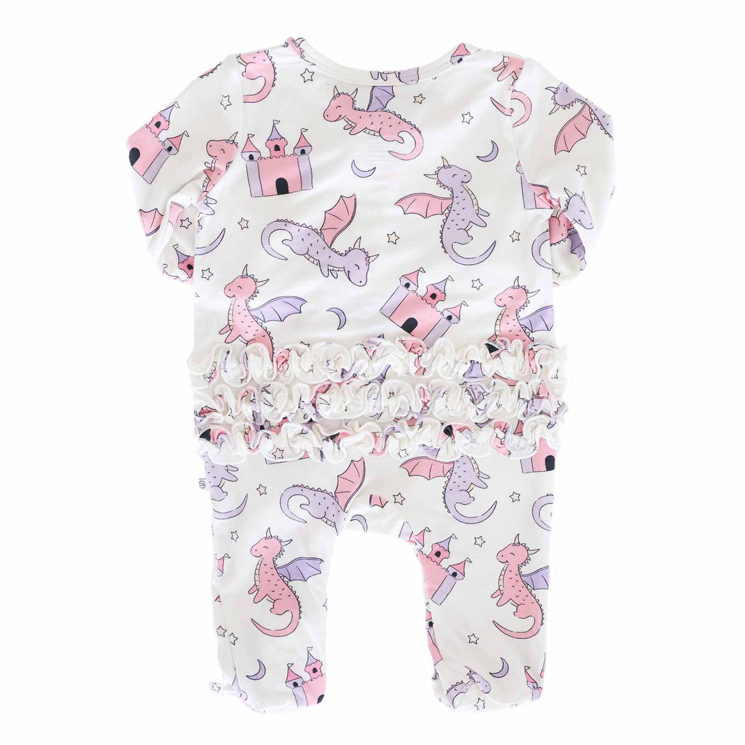 fairytale themed ruffle bottom zipper footie for baby girls with long sleeve 