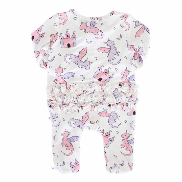fairytale themed ruffle bottom zipper footie for baby girls with long sleeve 