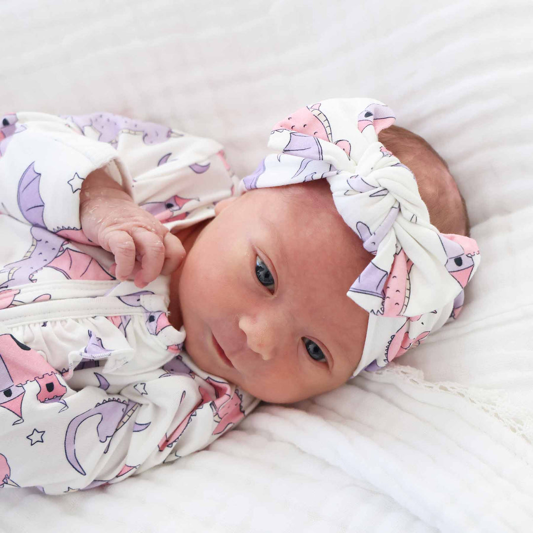 pink dragon adventure knit large bow headwrap for girls 