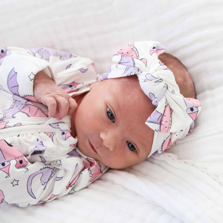 pink dragon adventure knit large bow headwrap for girls 