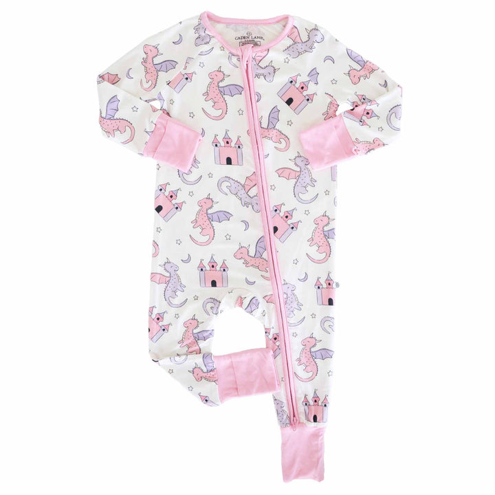pink and purple dragon and castle bamboo viscose convertible zip romper for babies and toddlers 